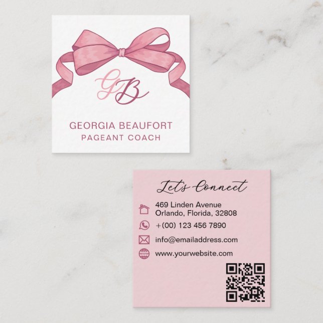 Cartão De Visita Quadrado Coquette Pink Bow Monogram Beauty QR Code (Frente/Verso)
