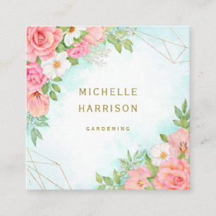 Cartão De Visita Quadrado Cor da Água Buquê Floral do Ombre-Turquesa Rosa