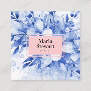 Cartão De Visita Quadrado Cor-de-água floral azul-chic elegante rosa moderno