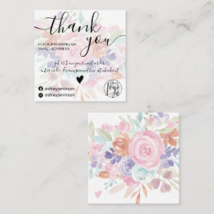 Cartão De Visita Quadrado Cor floral rosa-chica cor-de-água floral obrigado