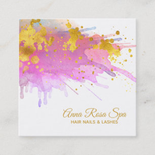 Cartão De Visita Quadrado Corajoso Glam Luxe Dourado da aguarela cor-de-rosa