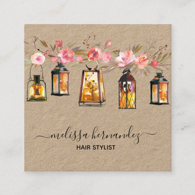 Cartão De Visita Quadrado Coral floral profissional elegante do cabeleireiro (Frente)