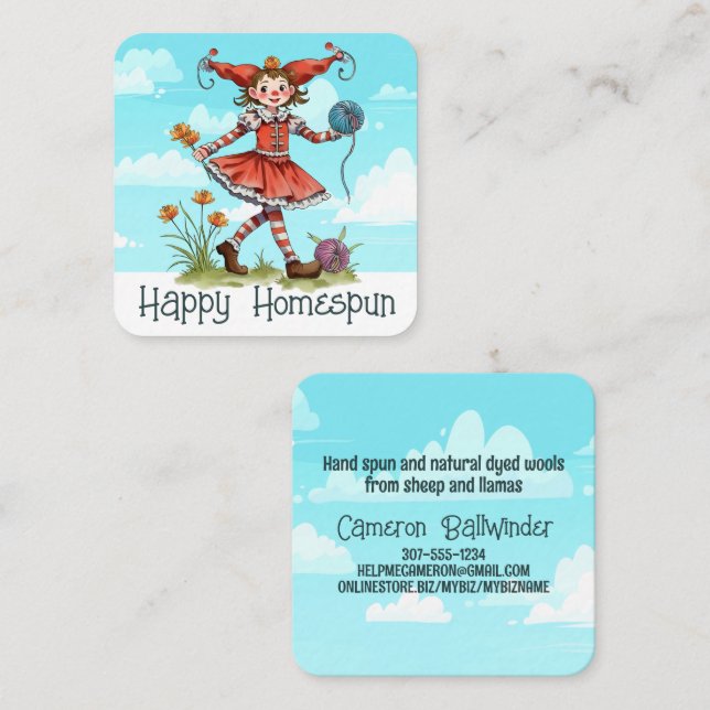 Cartão De Visita Quadrado Cordéis para tricô com palhaço (Frente/Verso)