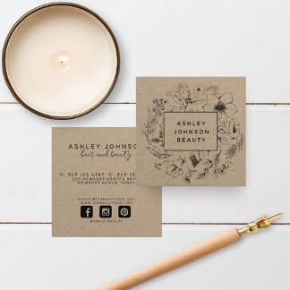 Cartão De Visita Quadrado Coroa Botânica Moderna e Floral Preto