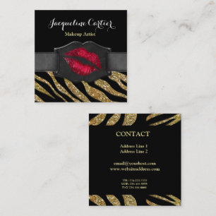 Cartão De Visita Quadrado Cosmetólogo Elegante Dourado Zebra Glitter Kiss