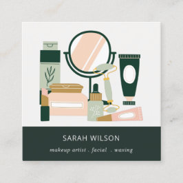 Cartão De Visita Quadrado Cosmologista Elegante Blush Green Makeup