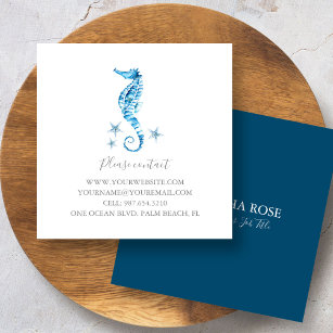 Cartão De Visita Quadrado Costeira Azul Aquarela Cavalo-do-mar Costeiro Pers