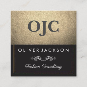 Cartão De Visita Quadrado Couro Dourado refinado com trabalho em linha dupla