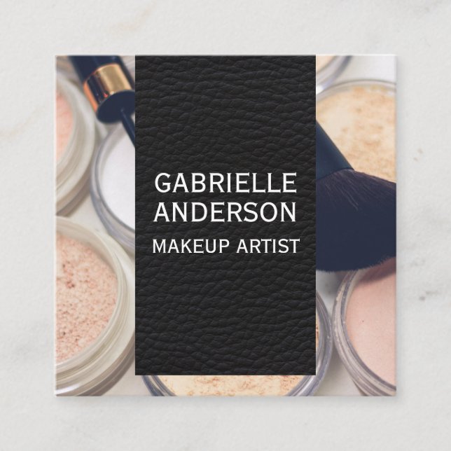 Cartão De Visita Quadrado Couro Preto Elegante | Paleta de maquilhagem e esc (Frente)