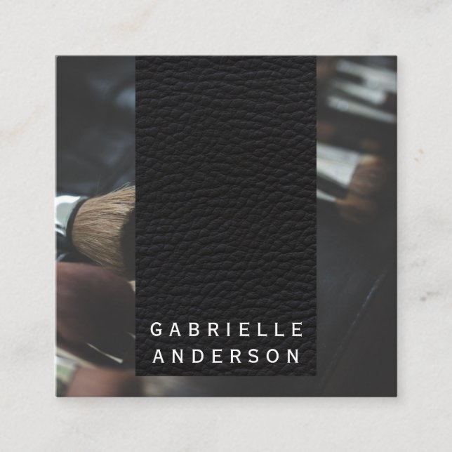 Cartão De Visita Quadrado Couro Preto Elegante | Pincéis de maquilhagem (Frente)