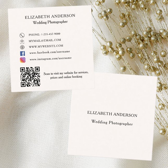 Cartão De Visita Quadrado Creme bege QR código social mídia (Criador carregado)