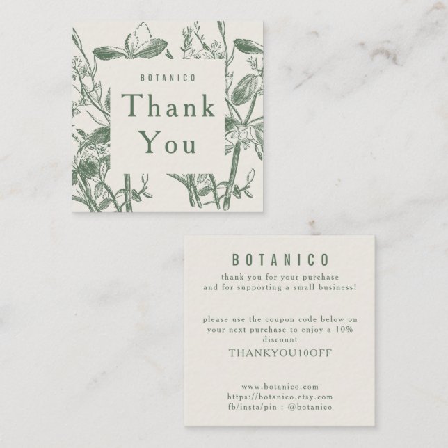 Cartão De Visita Quadrado Creme Botânico Moderno Floral Obrigado (Frente/Verso)