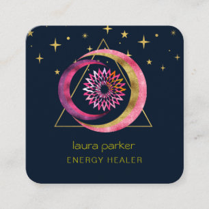 Cartão De Visita Quadrado Crescente Lua Mística Lotus Boho Céu Cósmico