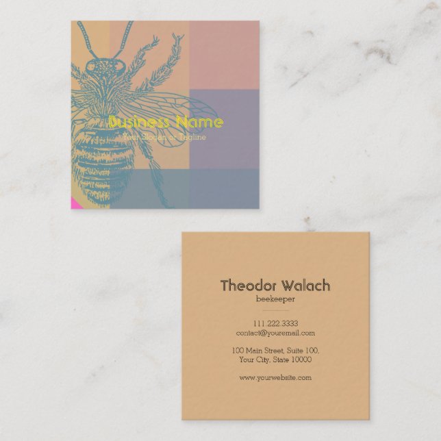 Cartão De Visita Quadrado Criador de Abelhas Azul Rosa-Chic (Frente/Verso)