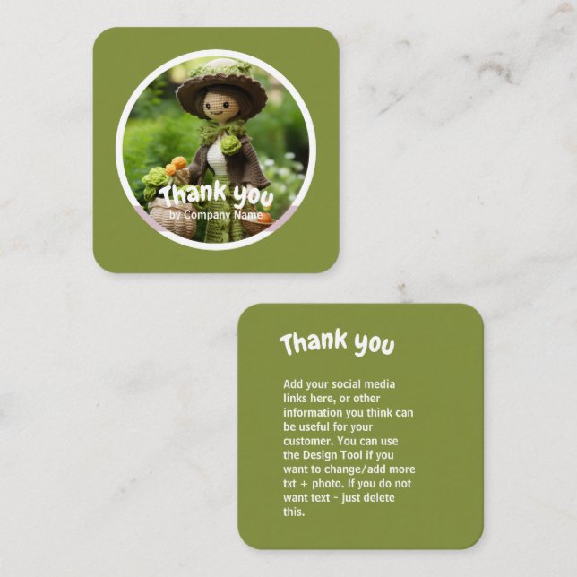 Cartão De Visita Quadrado Crochet Lady cozinha verde Obrigado (Frente/Verso)