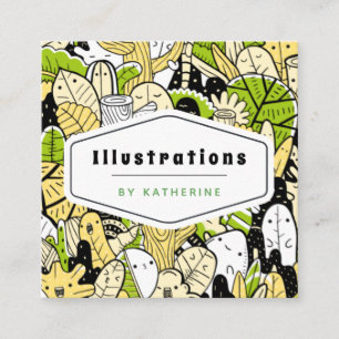 Cartão De Visita Quadrado Cropical Funky Kawaii Forest Graphic Designer Folh