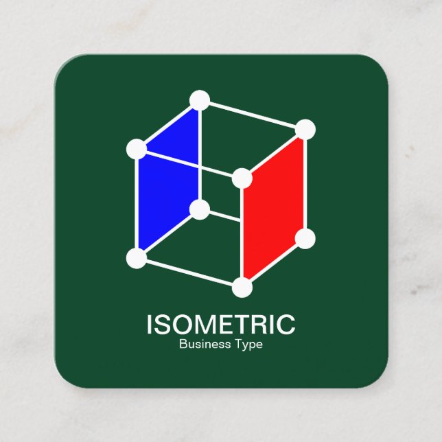 Cartão De Visita Quadrado Cubo Isométrico - Branco, Azul e Vermelho em Verde (Frente)