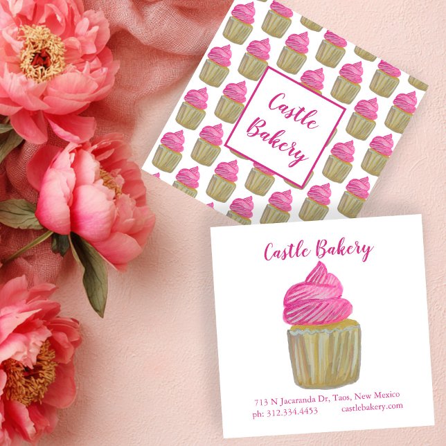 Cartão De Visita Quadrado CUPCAKE CUTE Moderna Padaria Pastelaria Chef Rosa (CUTE CUPCAKE Modern Bakery Pastry Chef Cake Pink Square Business Card
)