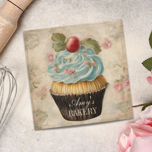 Cartão De Visita Quadrado Cupcake de padaria de pastelaria de cozinharia (Vintage Baker Pastry Chef Cake Bakery Cupcake Square Business Card)