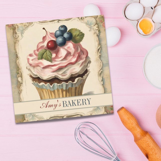 Cartão De Visita Quadrado Cupcake de padaria de pastelaria de cozinharia (Vintage Baker Pastry Chef Cake Bakery Cupcake Square Business Card)