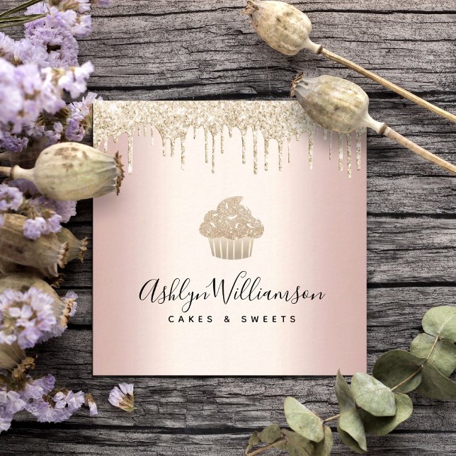 Cartão De Visita Quadrado Cupcake Dourado Brilhante Panificação Pasteira Che (Criador carregado)