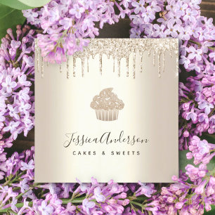 Cartão De Visita Quadrado Cupcake Dourado Pastelaria Chef Glitter Drives Chi