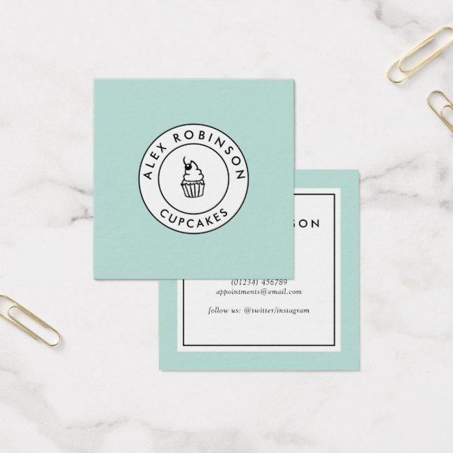 Cartão de visita quadrado cupcakes azuis modernos (Escritótio)