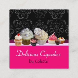 Cartão De Visita Quadrado CUPCAKES DELICIOSOS,DESERTOS,Damasco Preto Rosa Qu