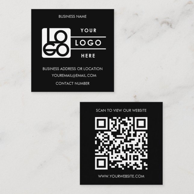 Cartão De Visita Quadrado Custom Logo Black White QR Code Website  (Frente/Verso)