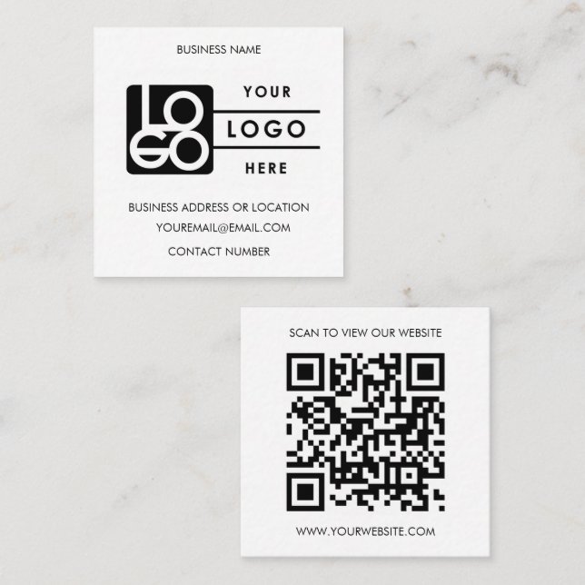 Cartão De Visita Quadrado Custom Logo Black White QR Code Website  (Frente/Verso)