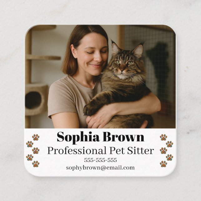 Cartão De Visita Quadrado Custom Pet Sitter Business Card with Photo  (Frente)