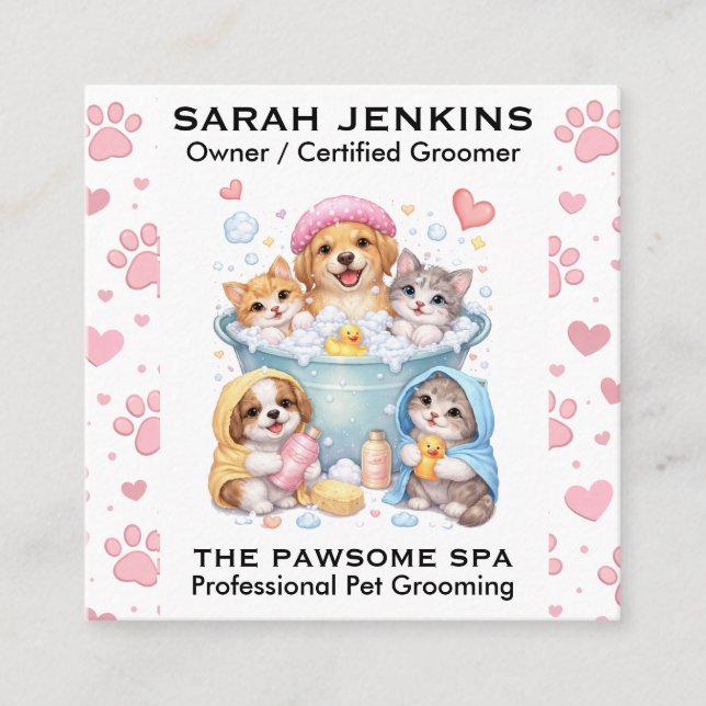 Cartão De Visita Quadrado Customizable Pet Grooming Business Card  (Frente)
