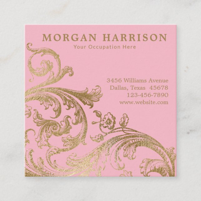 Cartão De Visita Quadrado Damasco Dourado rosa, rolo barroco (Frente)