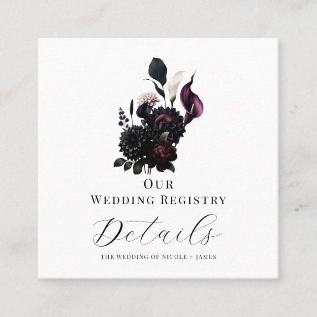 Cartão De Visita Quadrado Dark Moody Romantic Floral Wedking Registry QR (Frente)