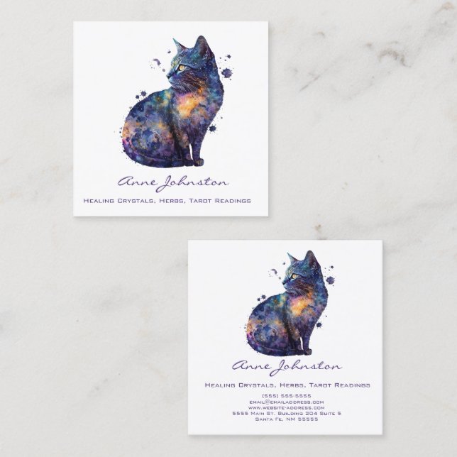 Cartão de visita Quadrado de Gatinho de Aquarela (Frente/Verso)