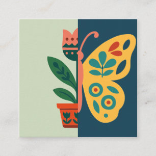 Cartão De Visita Quadrado Decoração de borboleta colorida com elementos flor