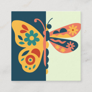 Cartão De Visita Quadrado Decoração de borboleta colorida com elementos flor