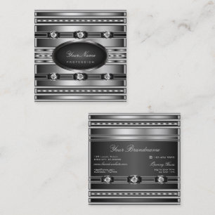 Cartão De Visita Quadrado Decoração de Luxo Prata e Preto com Diamantes