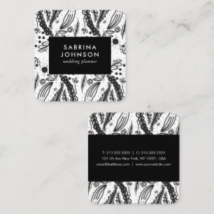 Cartão De Visita Quadrado deixa flores bolinhas padrão branco preto
