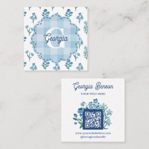 Cartão De Visita Quadrado Delicado Monograma Floral Azul Cottagecore