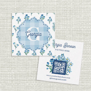 Cartão De Visita Quadrado Delicado Monograma Floral Azul Cottagecore