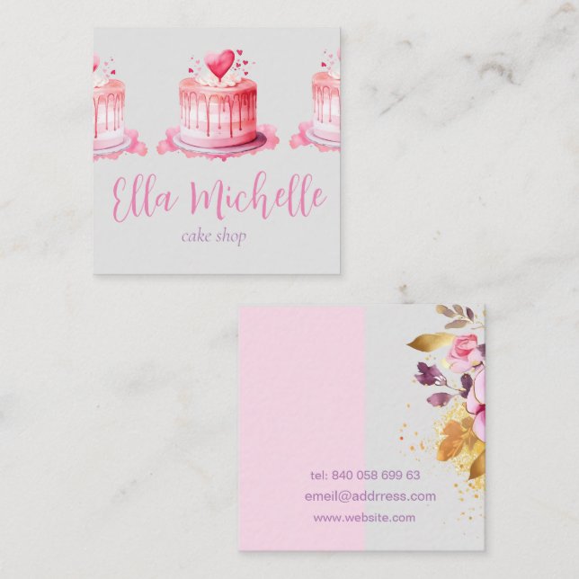Cartão De Visita Quadrado delicioso bolo rosa (Frente/Verso)