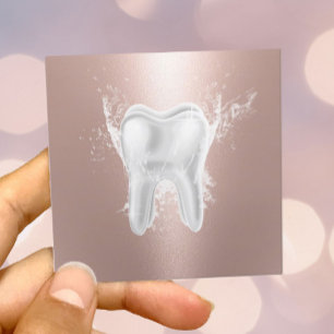 Cartão De Visita Quadrado Dentista Dente Rosa moderna Clínica Dental Dourad