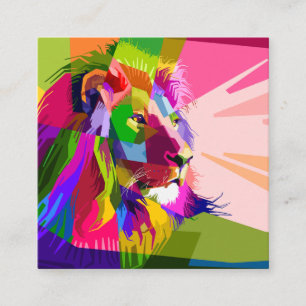 Cartão De Visita Quadrado Desenho de Arte Pop Prismática Colorida de Leão-62