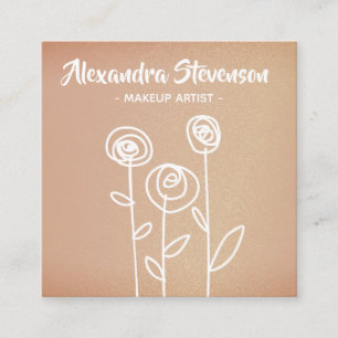 Cartão De Visita Quadrado Desenho Fácil de Flores em Dourado Rosa