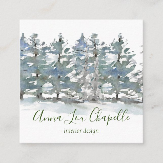 Cartão De Visita Quadrado Design das árvores de floresta da aguarela (Frente)