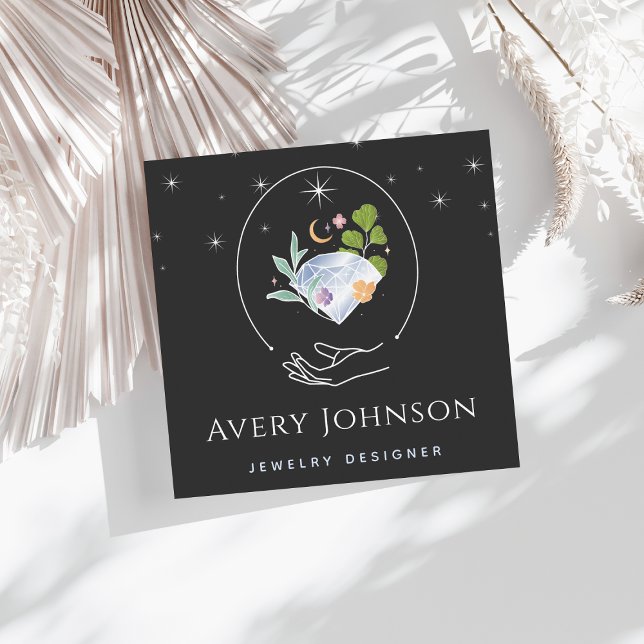 Cartão De Visita Quadrado Designer de Joias Celestial Gem Moon (Criador carregado)