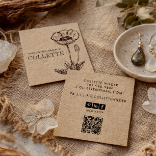 Cartão De Visita Quadrado Designer de Joias em Flor de Kraft Feita à Mão Qua