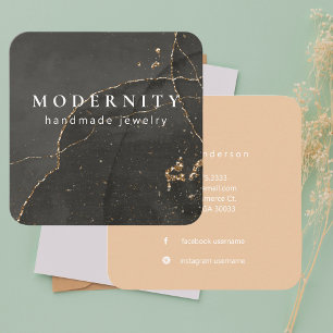 Cartão De Visita Quadrado Designer de Joias Negro e Ouro Elegante Moderno