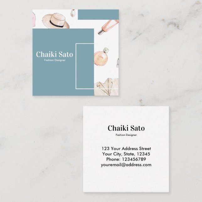 Cartão De Visita Quadrado Designer de Moda Watercolor (Frente/Verso)